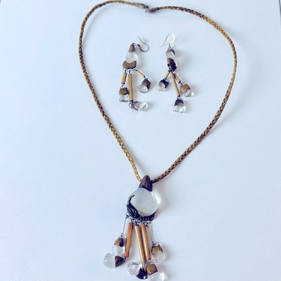 Necklace Earrings Jewelry Set White Brown Natural Stone